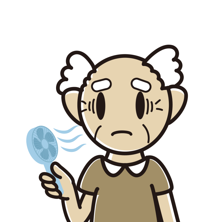 ハンディファンで困るおじいさんのイラスト【色あり、背景なし】透過PNG