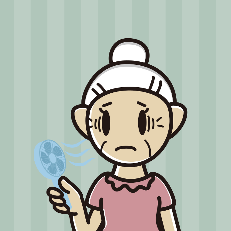 ハンディファンで困るおばあさんのイラスト【色、背景あり】PNG
