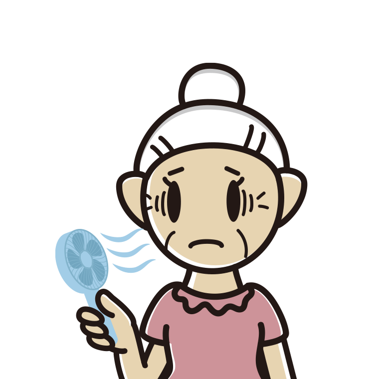 ハンディファンで困るおばあさんのイラスト【色あり、背景なし】透過PNG