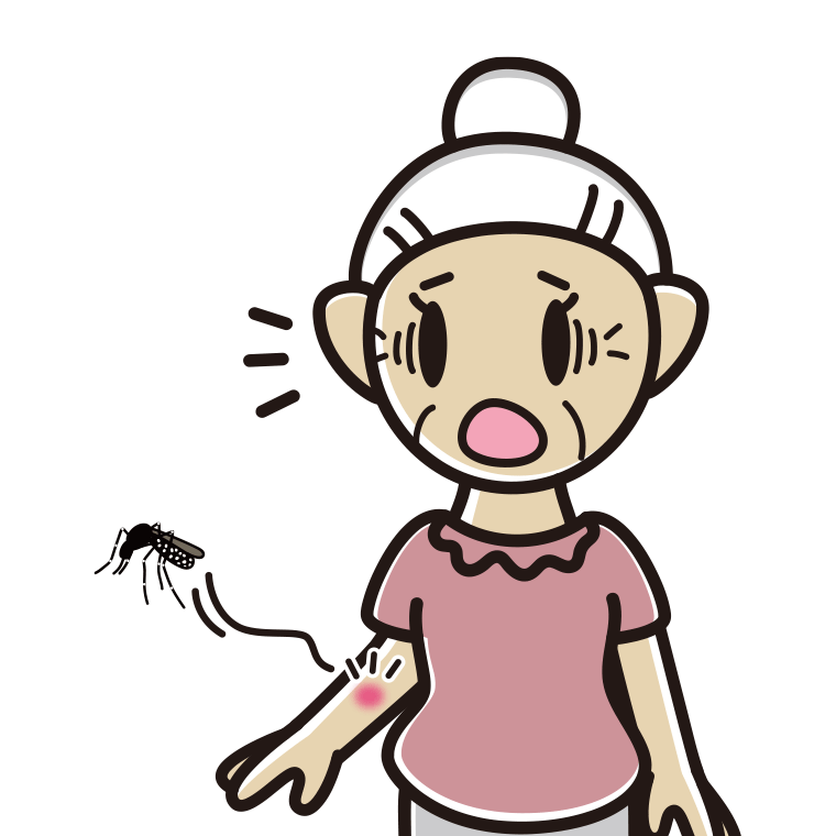蚊に刺されるおばあさんのイラスト【色あり、背景なし】透過PNG