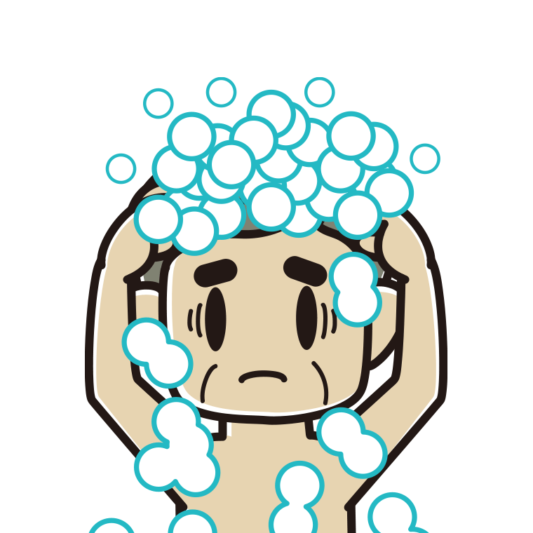 頭を洗って困るおじさんのイラスト【色あり、背景なし】透過PNG