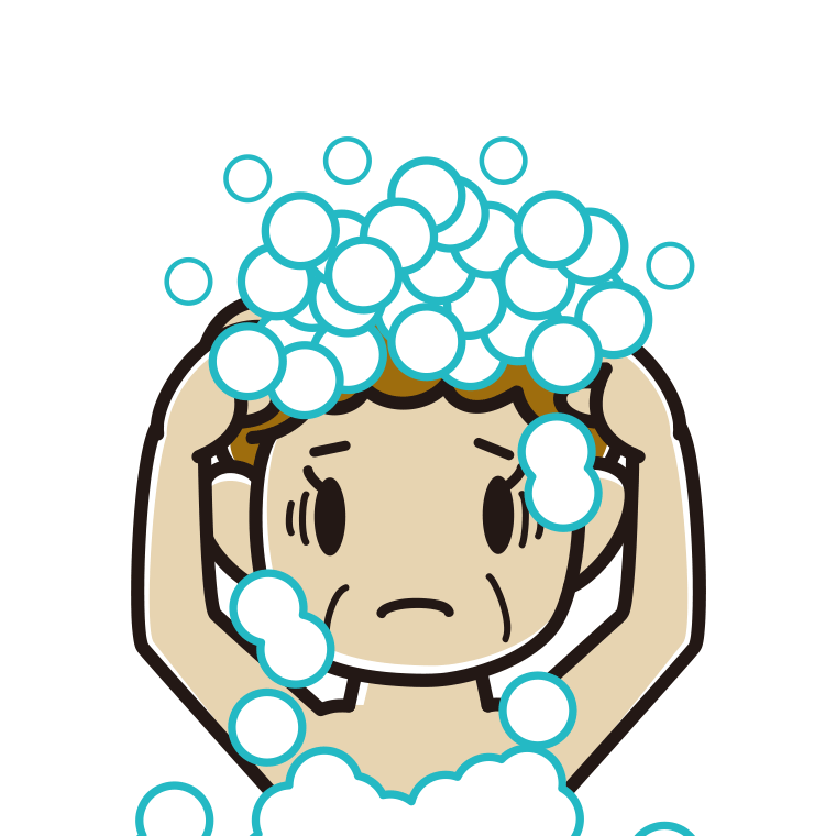頭を洗って困るおばさんのイラスト【色あり、背景なし】透過PNG