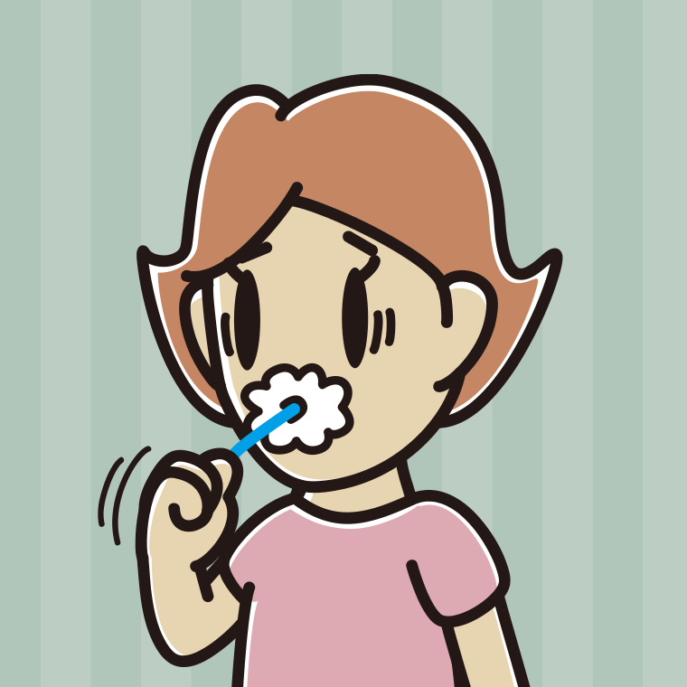 歯磨きで困る女性のイラスト【色、背景あり】PNG