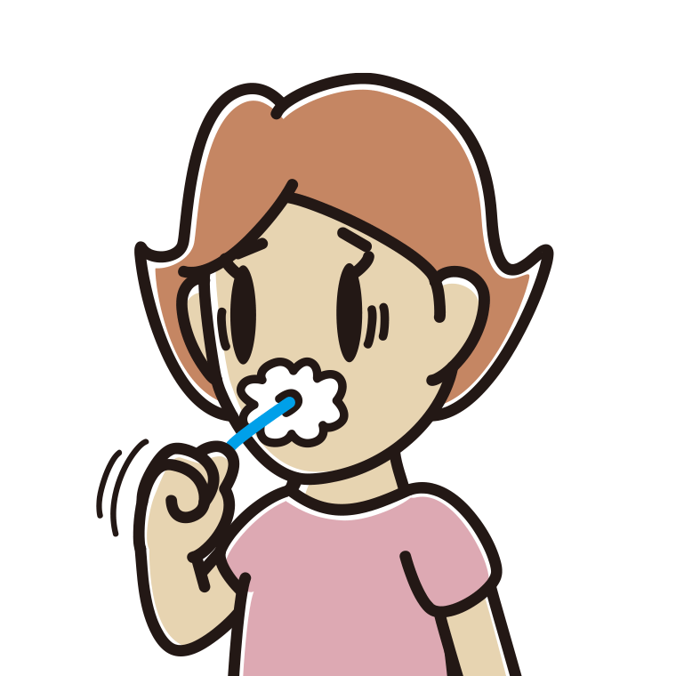 歯磨きで困る女性のイラスト【色あり、背景なし】透過PNG
