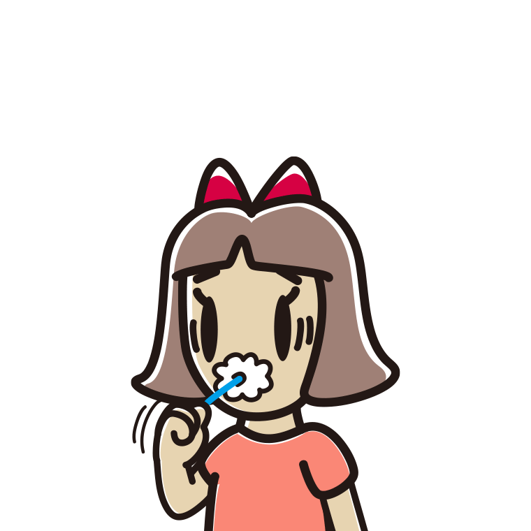 歯磨きで困る小学生女子のイラスト【色あり、背景なし】透過PNG