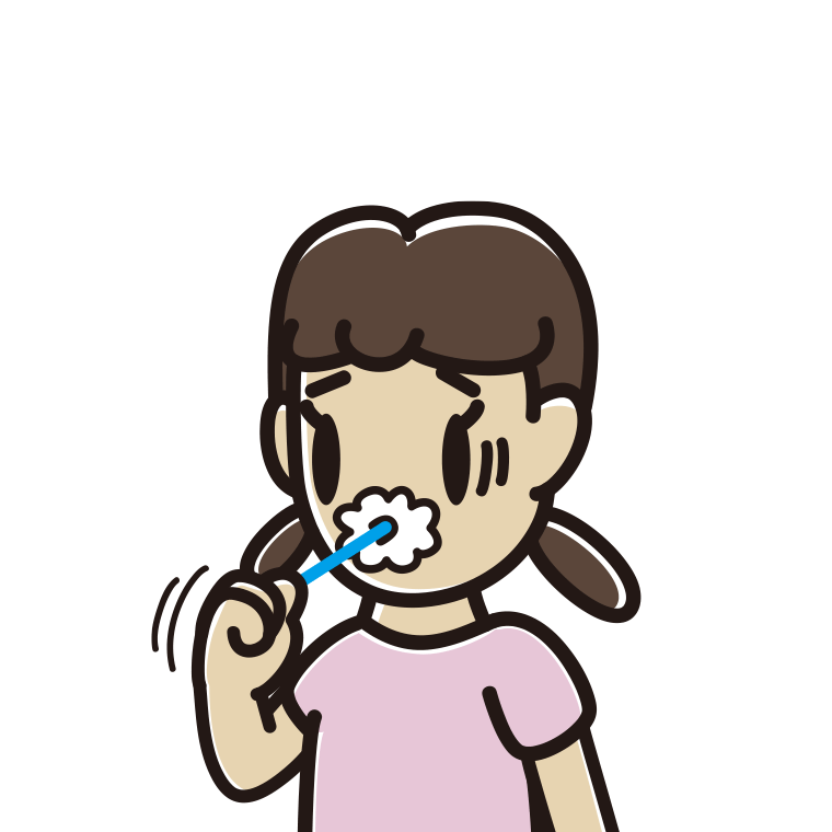 歯磨きで困る女子中学生のイラスト【色あり、背景なし】透過PNG