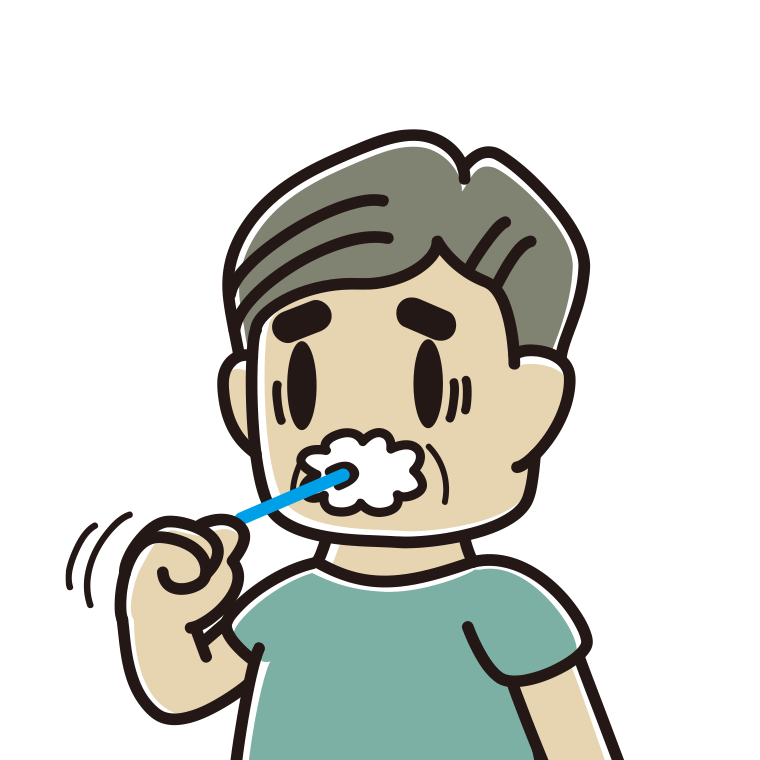 歯磨きで困るおじさんのイラスト【色あり、背景なし】透過PNG