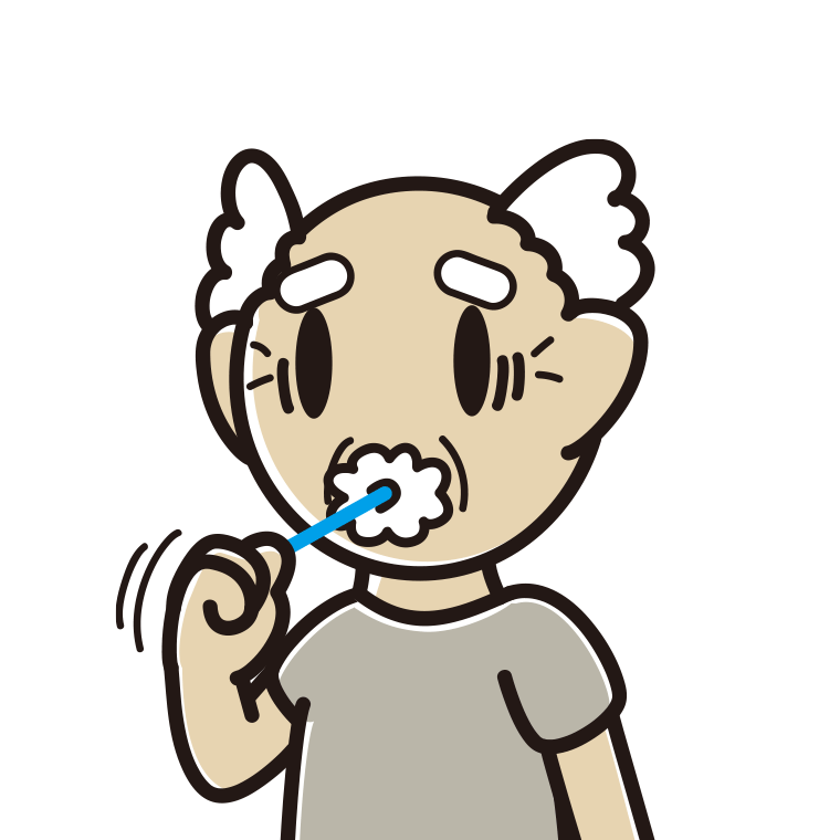 歯磨きで困るおじいさんのイラスト【色あり、背景なし】透過PNG