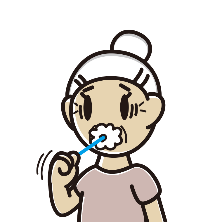 歯磨きで困るおばあさんのイラスト【色あり、背景なし】透過PNG