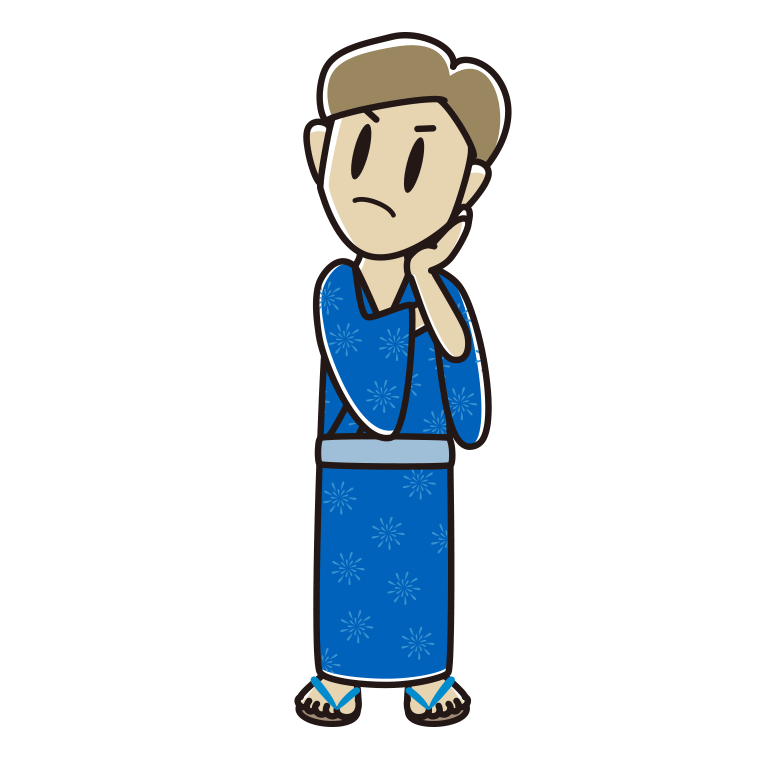 考える浴衣姿の男性のイラスト【色あり、背景なし】透過PNG
