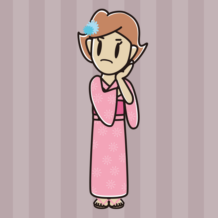 考える浴衣姿の女性のイラスト【色、背景あり】PNG