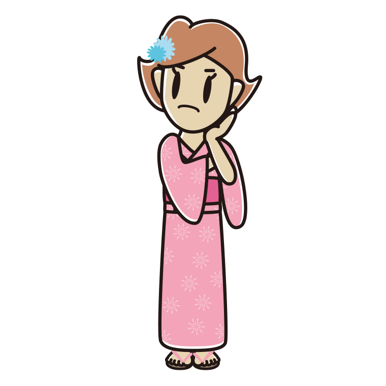 考える浴衣姿の女性のイラスト【色あり、背景なし】透過PNG