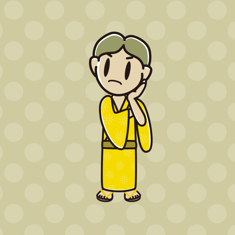 考える浴衣姿の小学生男子のイラスト【色、背景あり】PNG