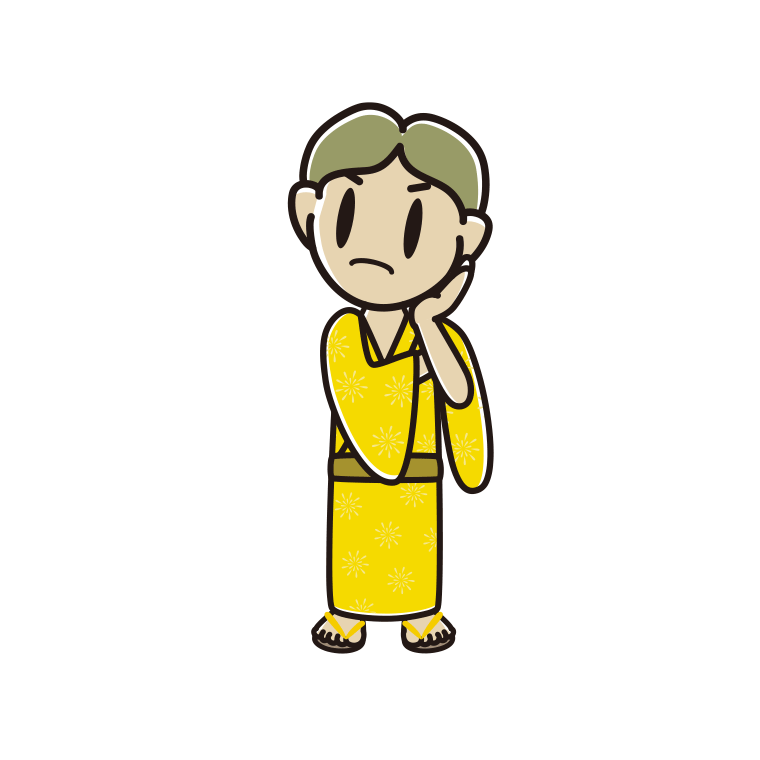 考える浴衣姿の小学生男子のイラスト【色あり、背景なし】透過PNG