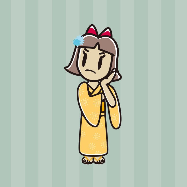 考える浴衣姿の小学生女子のイラスト【色、背景あり】PNG