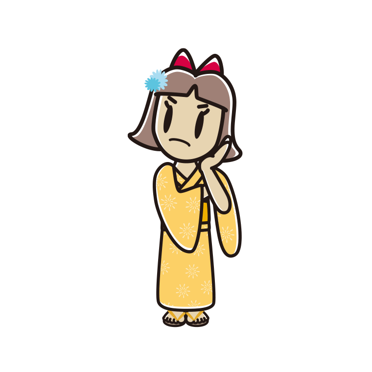 考える浴衣姿の小学生女子のイラスト【色あり、背景なし】透過PNG