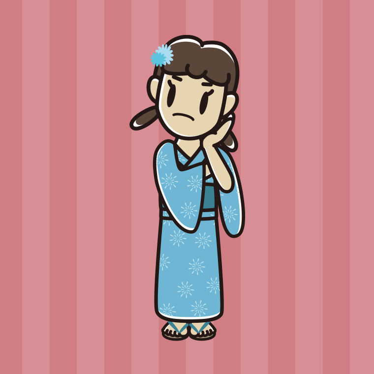 考える浴衣姿の女子中学生のイラスト【色、背景あり】PNG