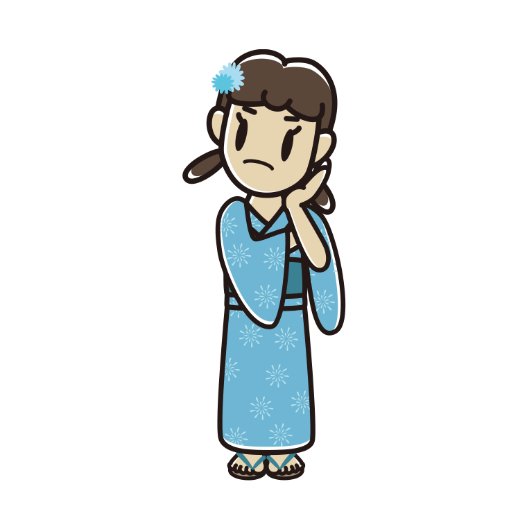 考える浴衣姿の女子中学生のイラスト【色あり、背景なし】透過PNG