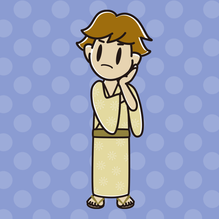 考える浴衣姿の男子高校生のイラスト【色、背景あり】PNG