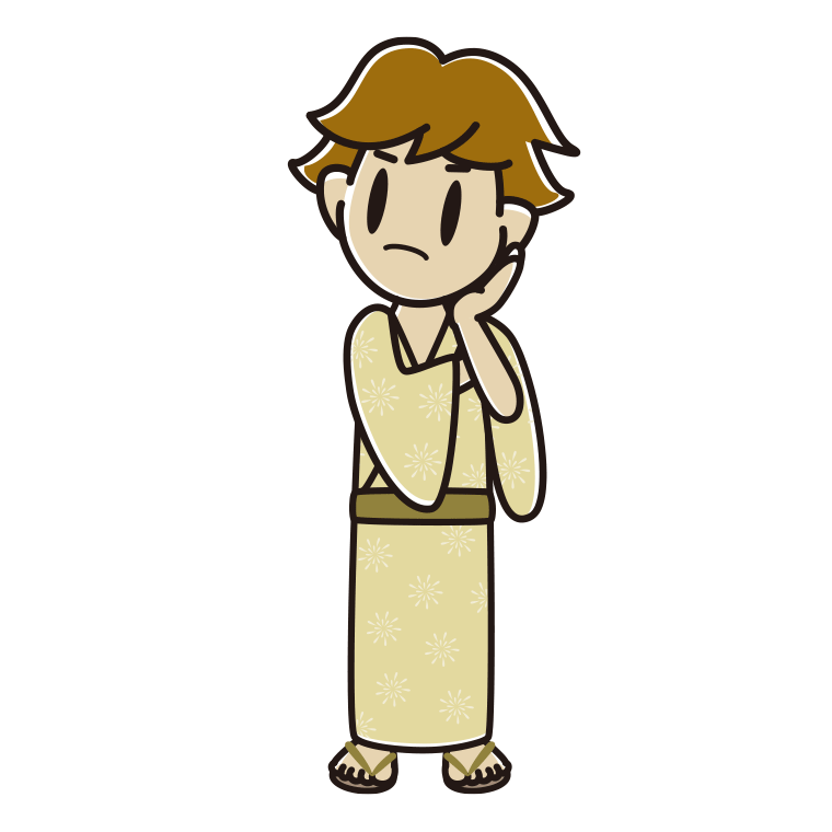 考える浴衣姿の男子高校生のイラスト【色あり、背景なし】透過PNG