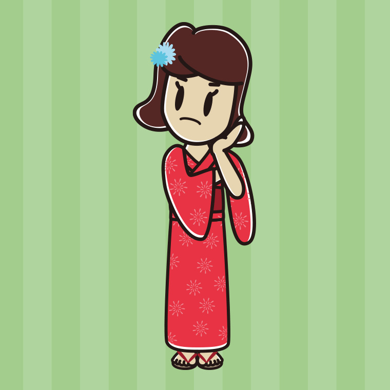 考える浴衣姿の女子高校生のイラスト【色、背景あり】PNG