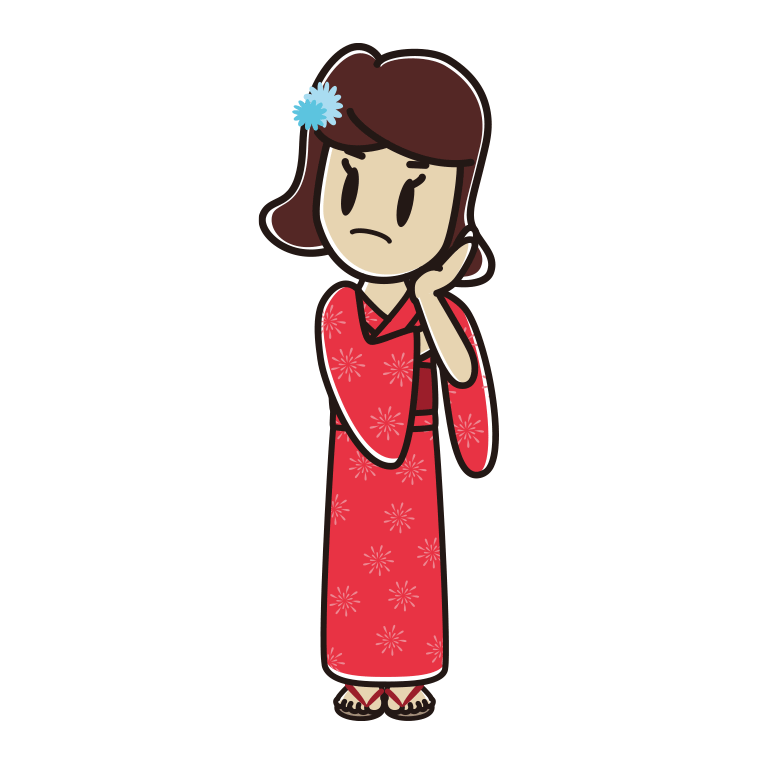 考える浴衣姿の女子高校生のイラスト【色あり、背景なし】透過PNG