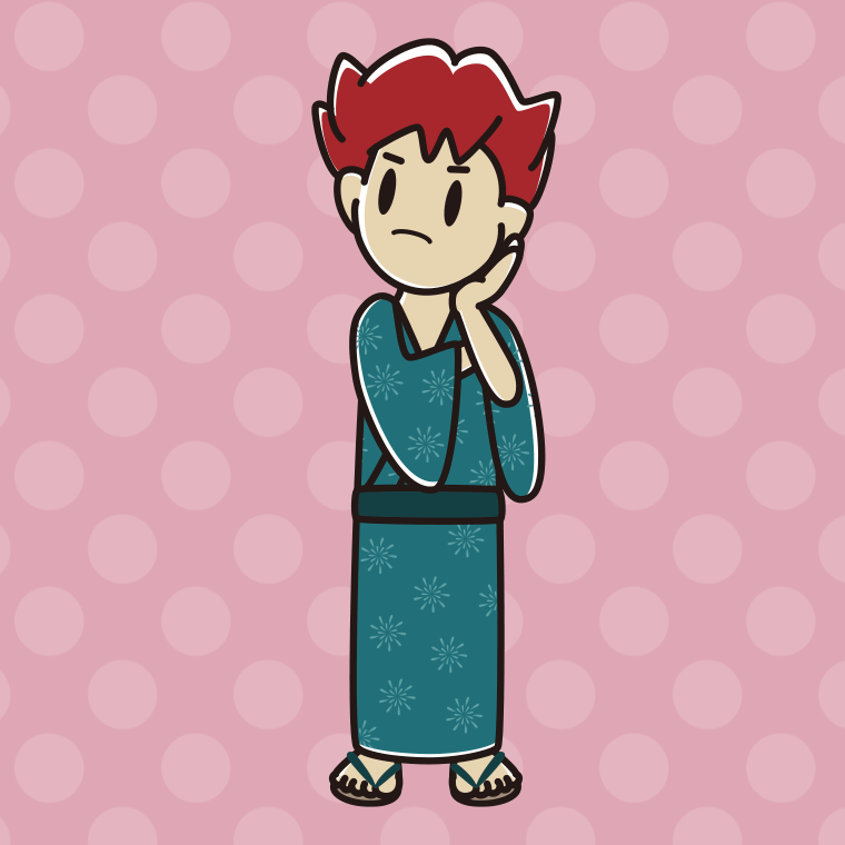 考える浴衣姿の男子大学生のイラスト【色、背景あり】PNG