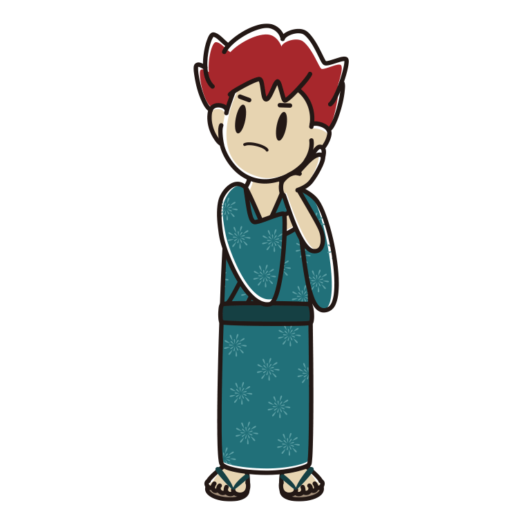 考える浴衣姿の男子大学生のイラスト【色あり、背景なし】透過PNG