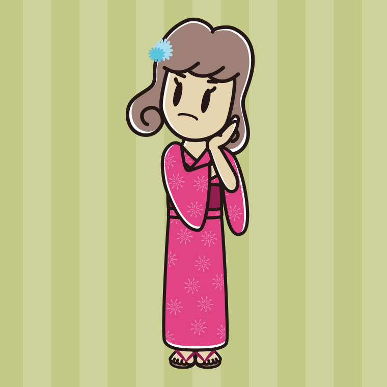 考える浴衣姿の女子大学生のイラスト【色、背景あり】PNG