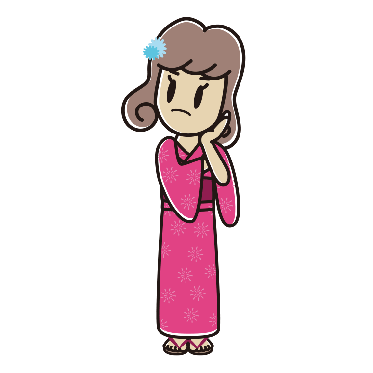 考える浴衣姿の女子大学生のイラスト【色あり、背景なし】透過PNG