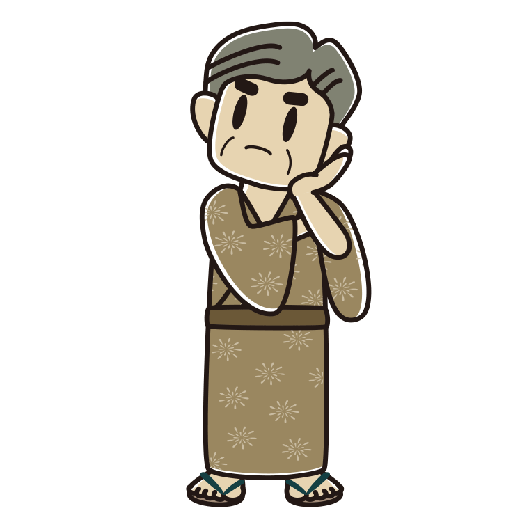 考える浴衣姿のおじさんのイラスト【色あり、背景なし】透過PNG