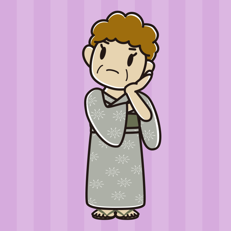 考える浴衣姿のおばさんのイラスト【色、背景あり】PNG