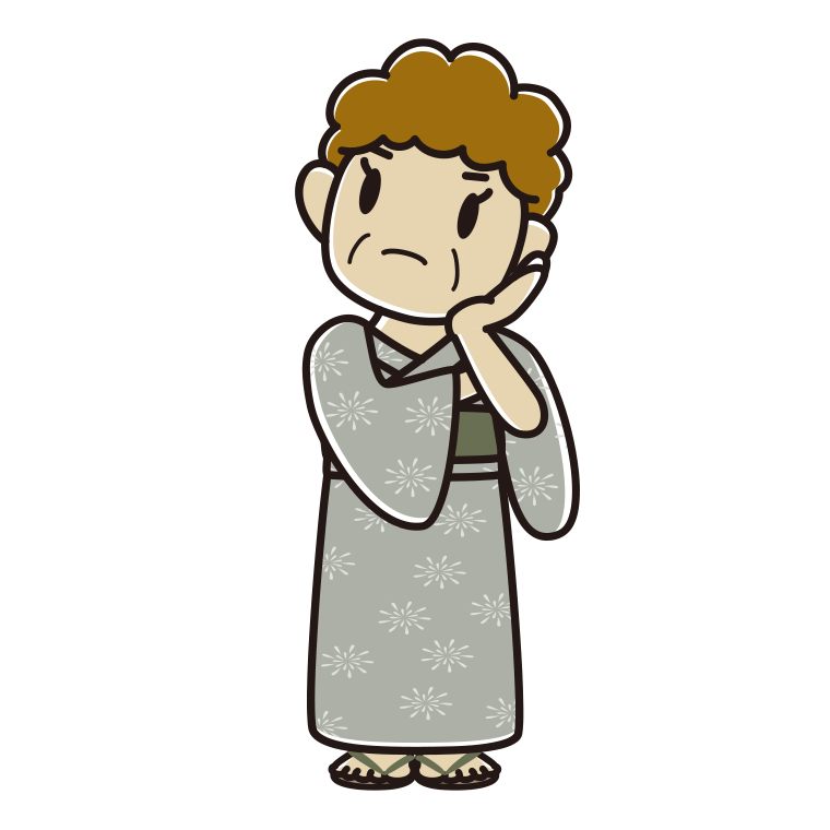 考える浴衣姿のおばさんのイラスト【色あり、背景なし】透過PNG