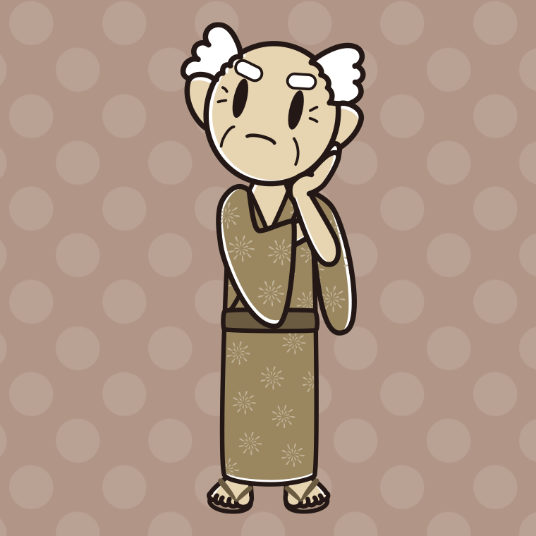 考える浴衣姿のおじいさんのイラスト【色、背景あり】PNG