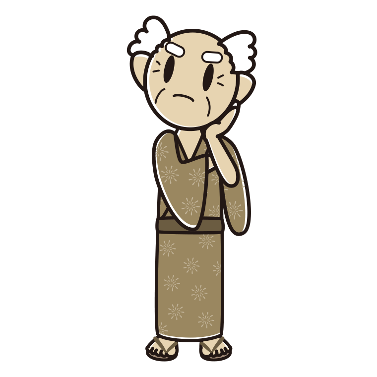 考える浴衣姿のおじいさんのイラスト【色あり、背景なし】透過PNG