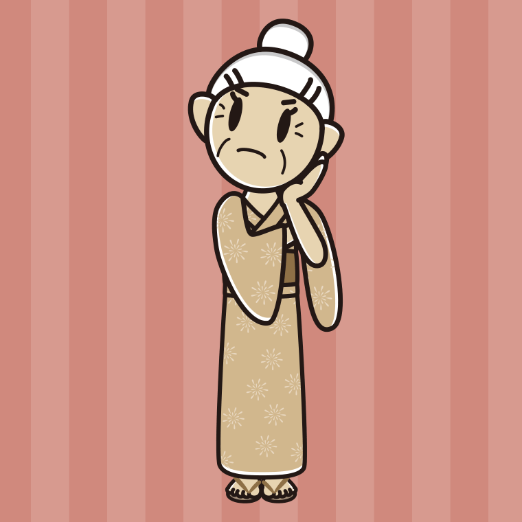 考える浴衣姿のおばあさんのイラスト【色、背景あり】PNG
