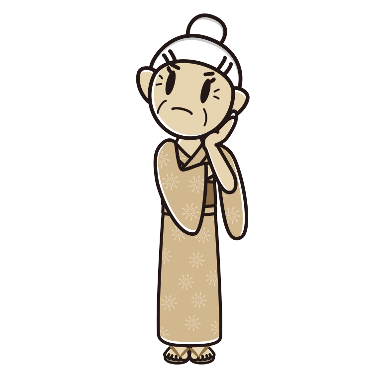 考える浴衣姿のおばあさんのイラスト【色あり、背景なし】透過PNG