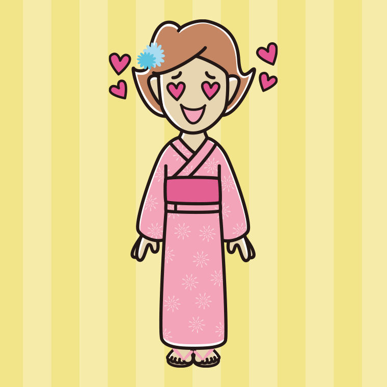 目がハートの浴衣姿の女性のイラスト【色、背景あり】PNG