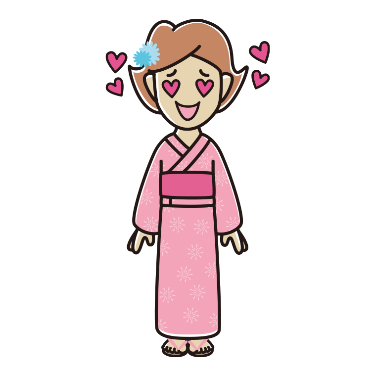 目がハートの浴衣姿の女性のイラスト【色あり、背景なし】透過PNG