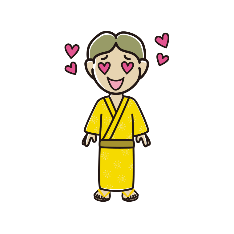 目がハートの浴衣姿の小学生男子のイラスト【色あり、背景なし】透過PNG