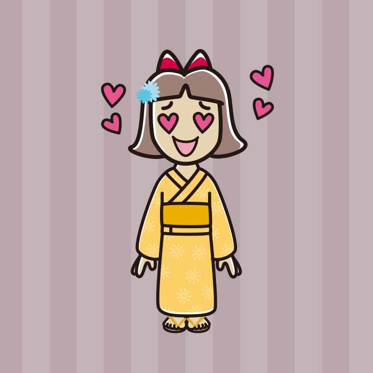 目がハートの浴衣姿の小学生女子のイラスト【色、背景あり】PNG