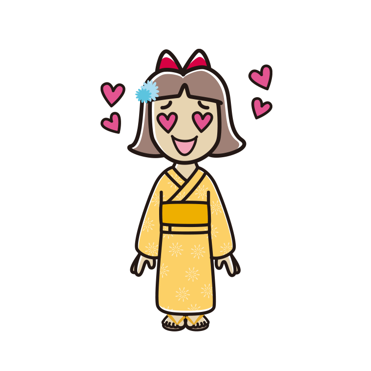 目がハートの浴衣姿の小学生女子のイラスト【色あり、背景なし】透過PNG