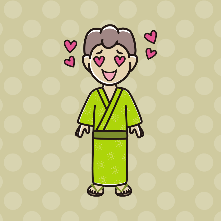 目がハートの浴衣姿の男子中学生のイラスト【色、背景あり】PNG