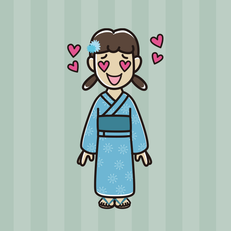 目がハートの浴衣姿の女子中学生のイラスト【色、背景あり】PNG