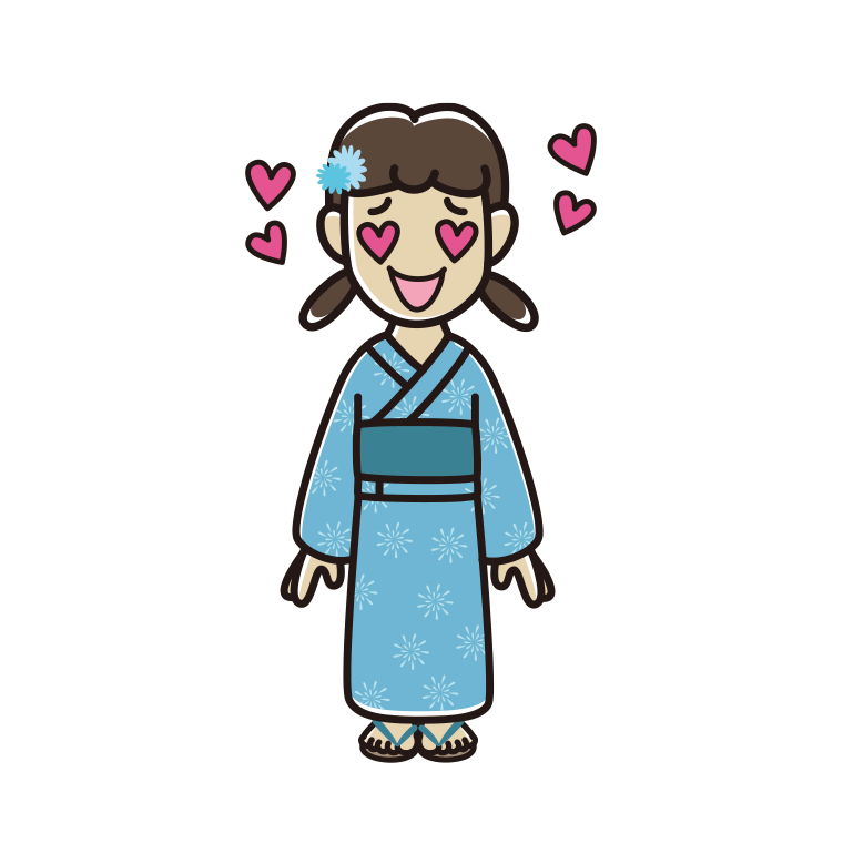 目がハートの浴衣姿の女子中学生のイラスト【色あり、背景なし】透過PNG