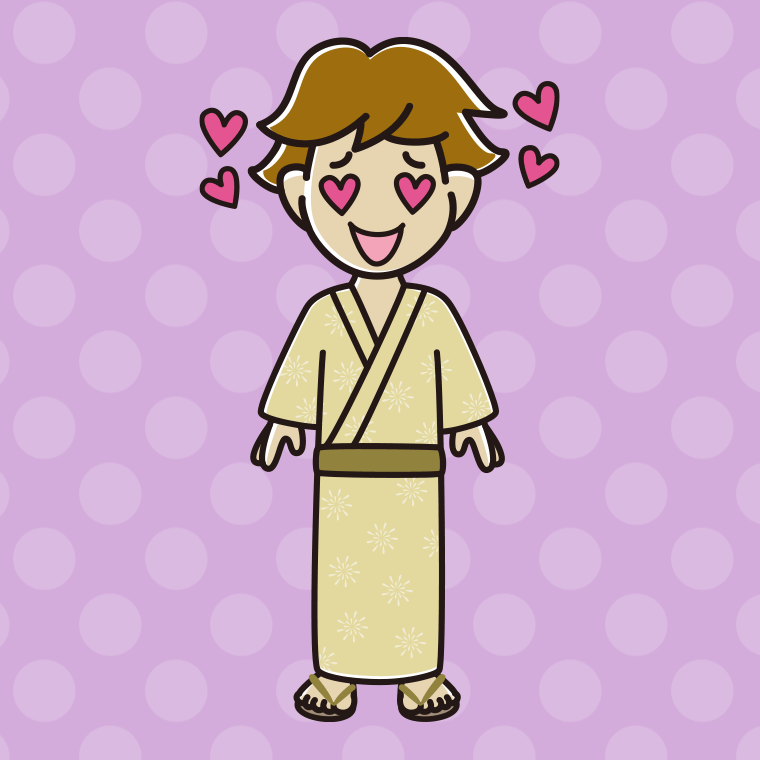 目がハートの浴衣姿の男子高校生のイラスト【色、背景あり】PNG