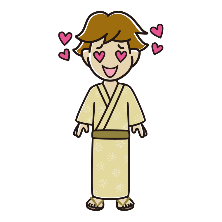目がハートの浴衣姿の男子高校生のイラスト【色あり、背景なし】透過PNG