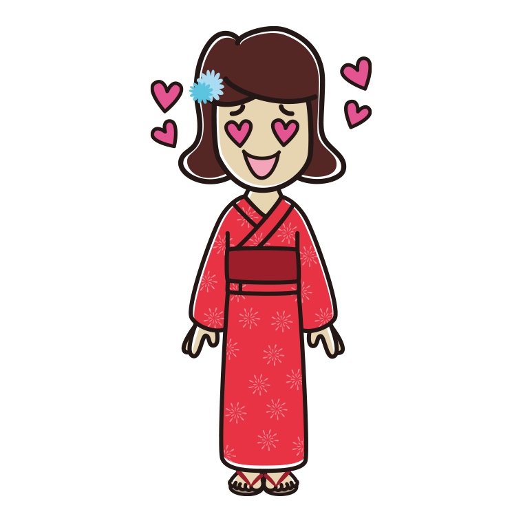 目がハートの浴衣姿の女子高校生のイラスト【色あり、背景なし】透過PNG