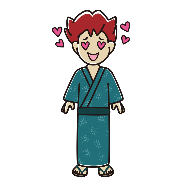 目がハートの浴衣姿の男子大学生のイラスト【色あり、背景なし】透過PNG