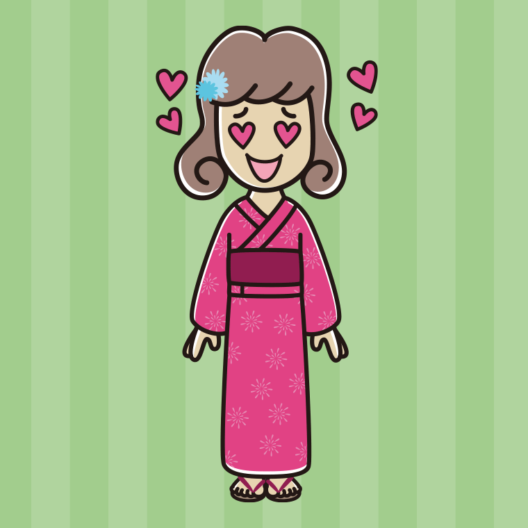 目がハートの浴衣姿の女子大学生のイラスト【色、背景あり】PNG